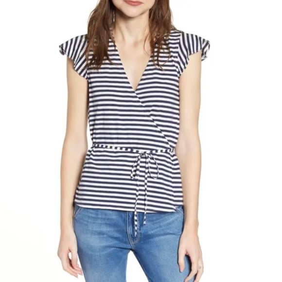 NWT J. Crew Navy Striped Flutter Sleeve Wrap Top - Picture 1 of 8